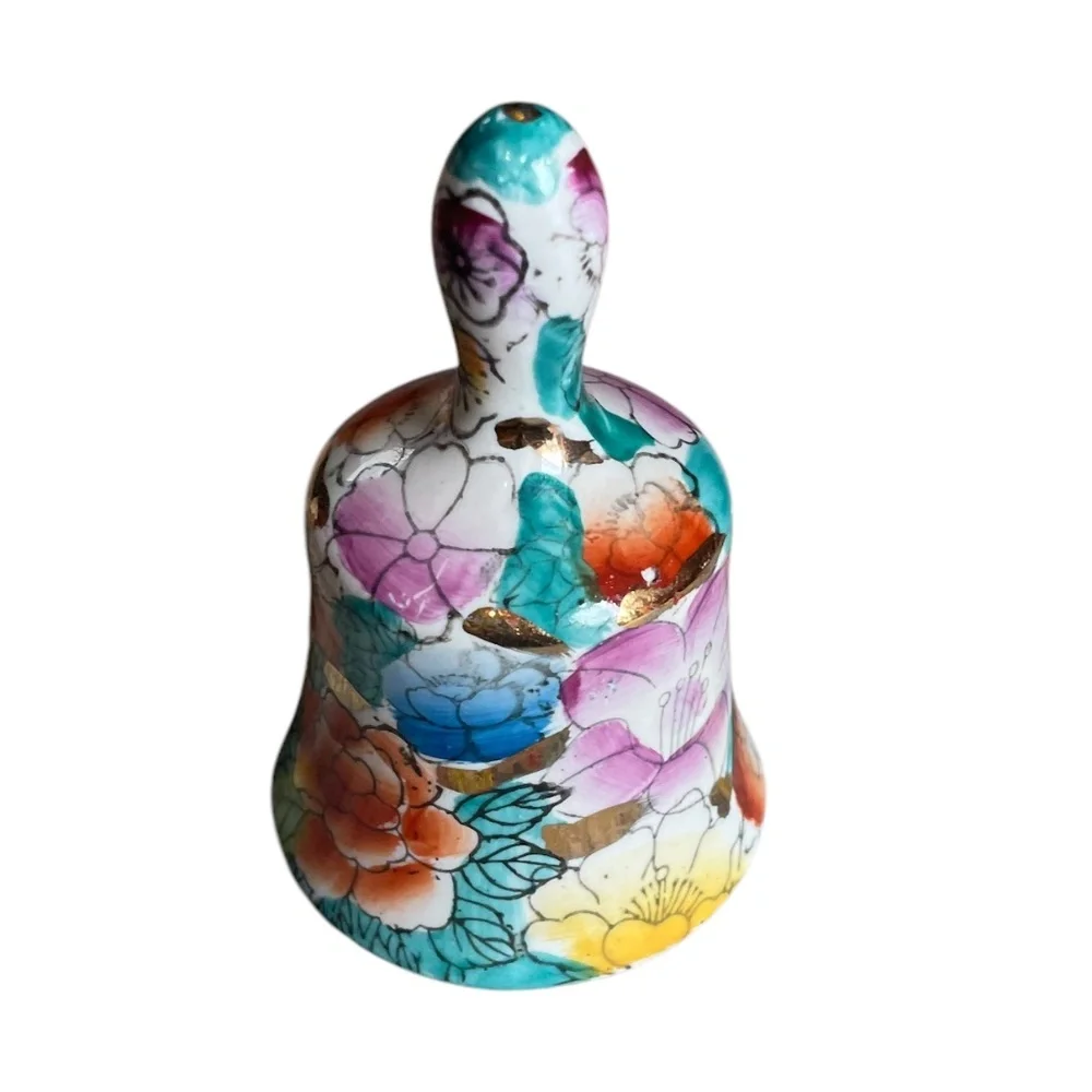 Vintage Chinese Hand Painted‎ Porcelain Bell with Flowers & Gold Accents